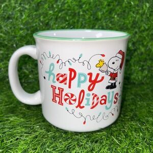 Snoopy Happy Holidays Mug Christmas Peanuts Character Green Rim Ceramic